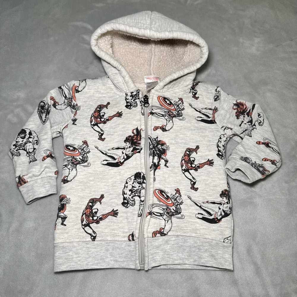 Marvel Avengers Sherpa Lined Zip Hoodie Kids 2T Gray Spider-Man Hulk Captain Am